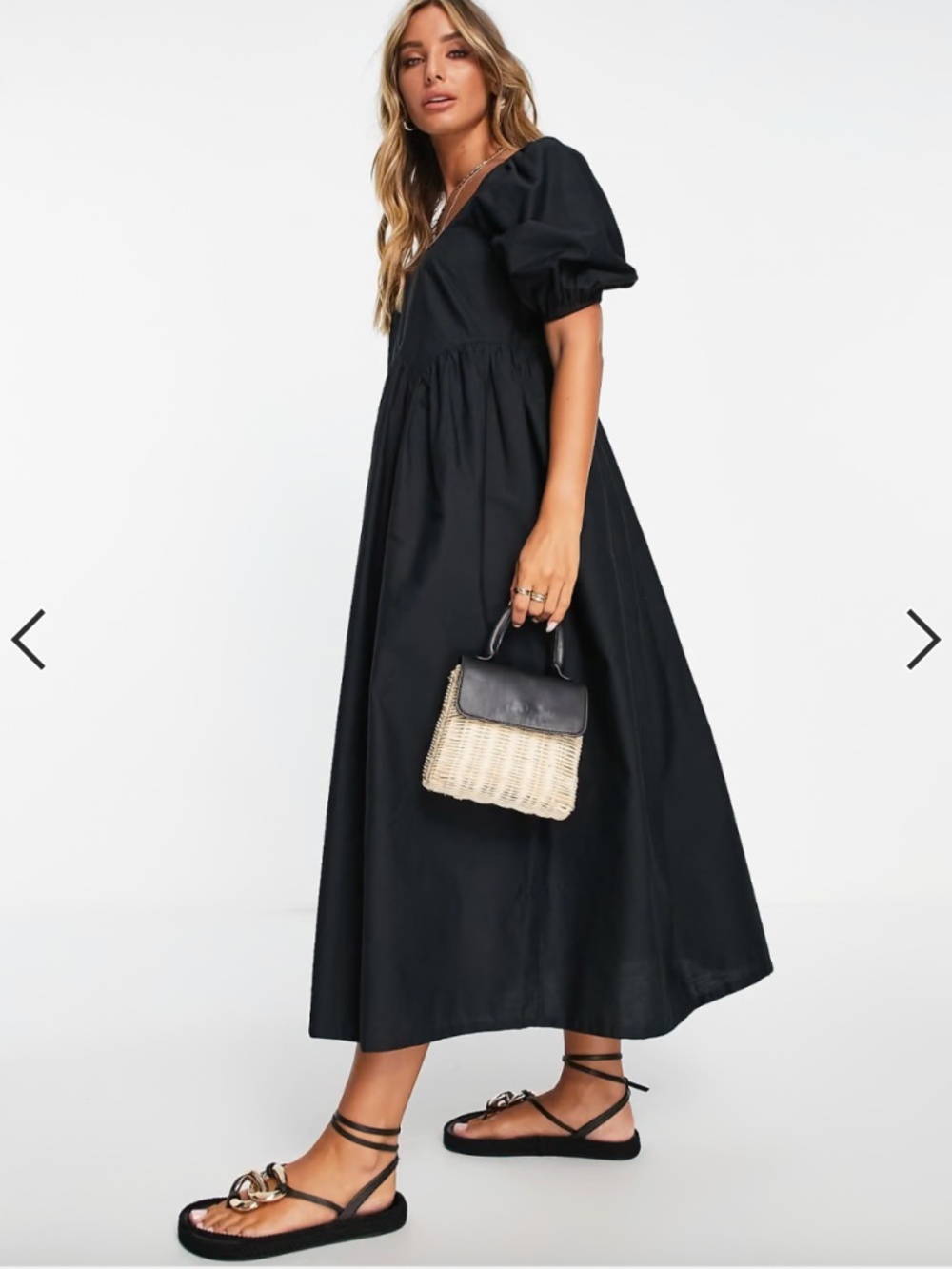 ASOS DESIGN cotton jumbo scallop puff sleeve smock midi dress in black